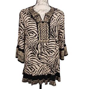 Caleaaa | Embroidered Zebra Print Tunic Blouse Top Black Tan | Size M
